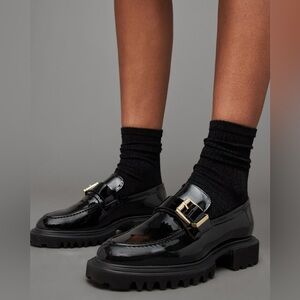 ALLSAINTS EMILY PATENT LEATHER LOAFERS IN BLACK 6 36